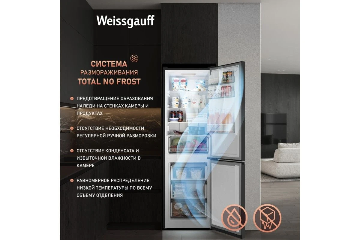 Отдельностоящий холодильник с инвертором Weissgauff WRK 185 Total NoFrost Inverter Black Inox