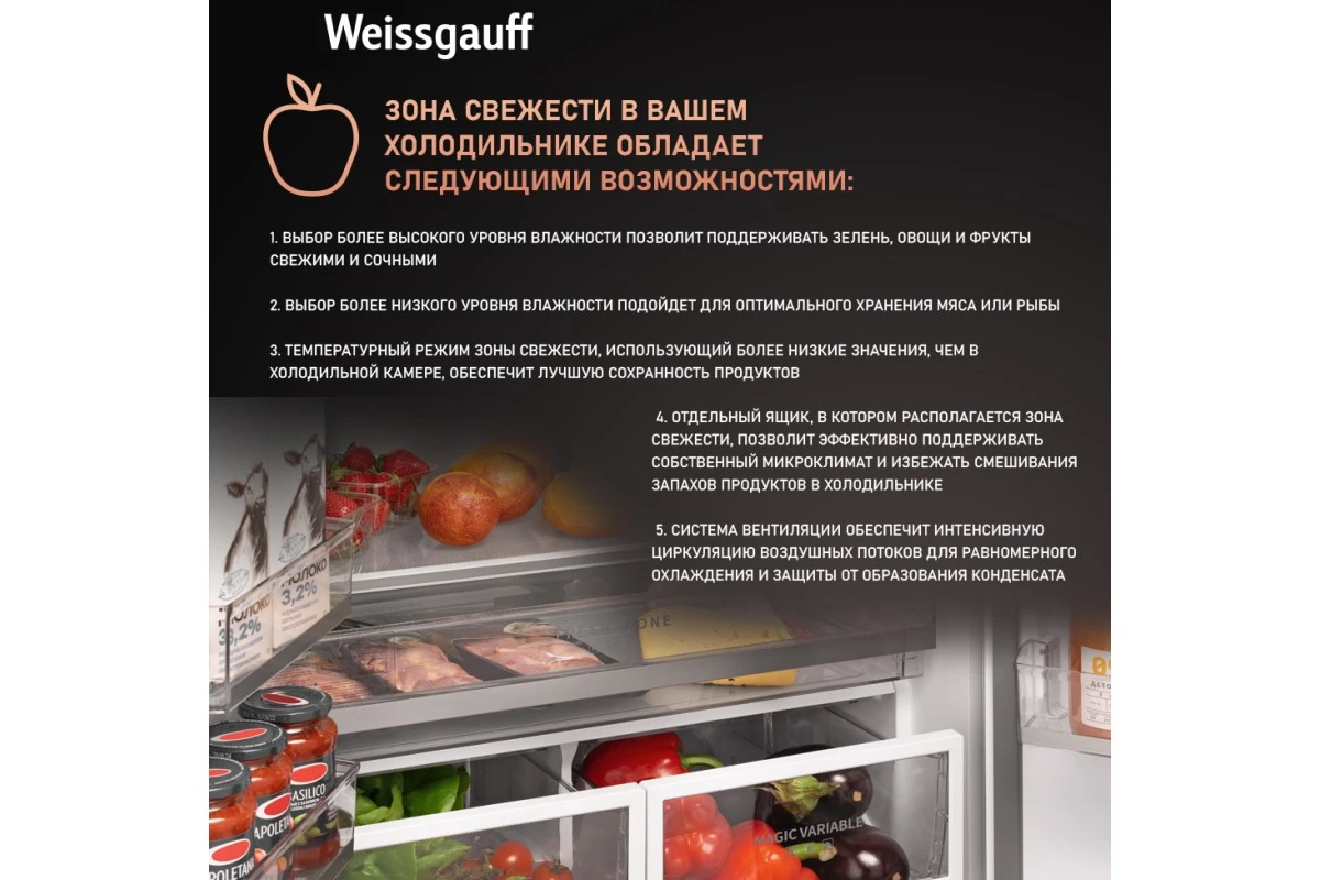 Отдельностоящий холодильник Weissgauff WFD 450 Built-in Inverter NoFrost Dark Inox