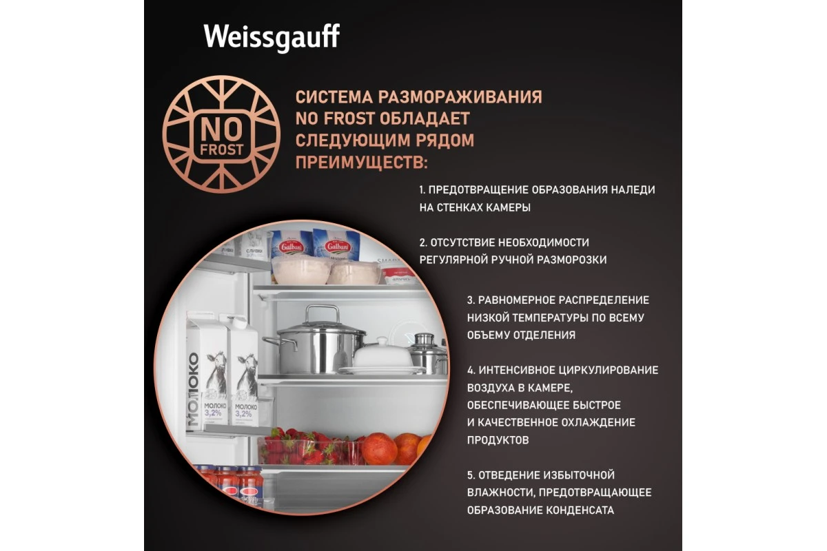 Отдельностоящий холодильник Weissgauff WFD 450 Built-in Inverter NoFrost Dark Inox