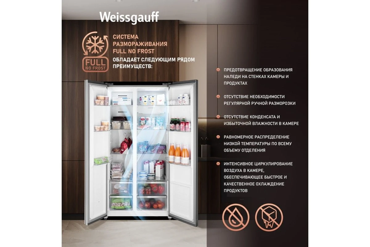 Отдельностоящий холодильник с инвертором Weissgauff WSBS 550 GRG Inverter NoFrost
