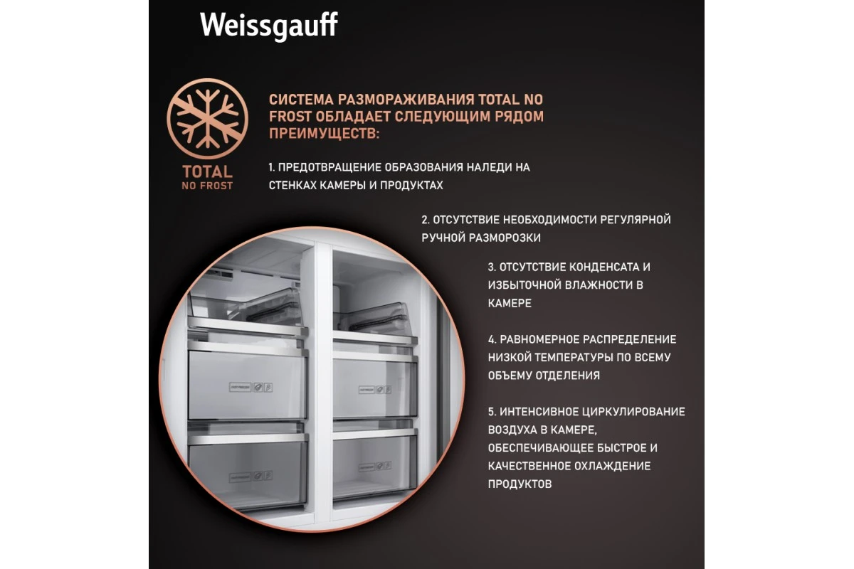 Отдельностоящий холодильник с инвертором Weissgauff WCD 590 Nofrost Inverter Premium EcoFresh Blue Glass