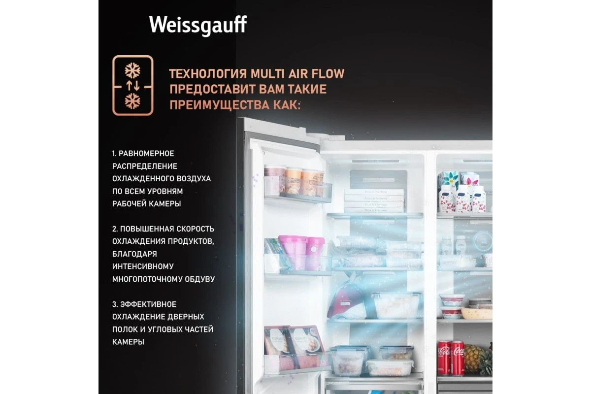 Отдельностоящий холодильник с инвертором Weissgauff WSBS 1036 Inverter NoFrost Premium White Glass